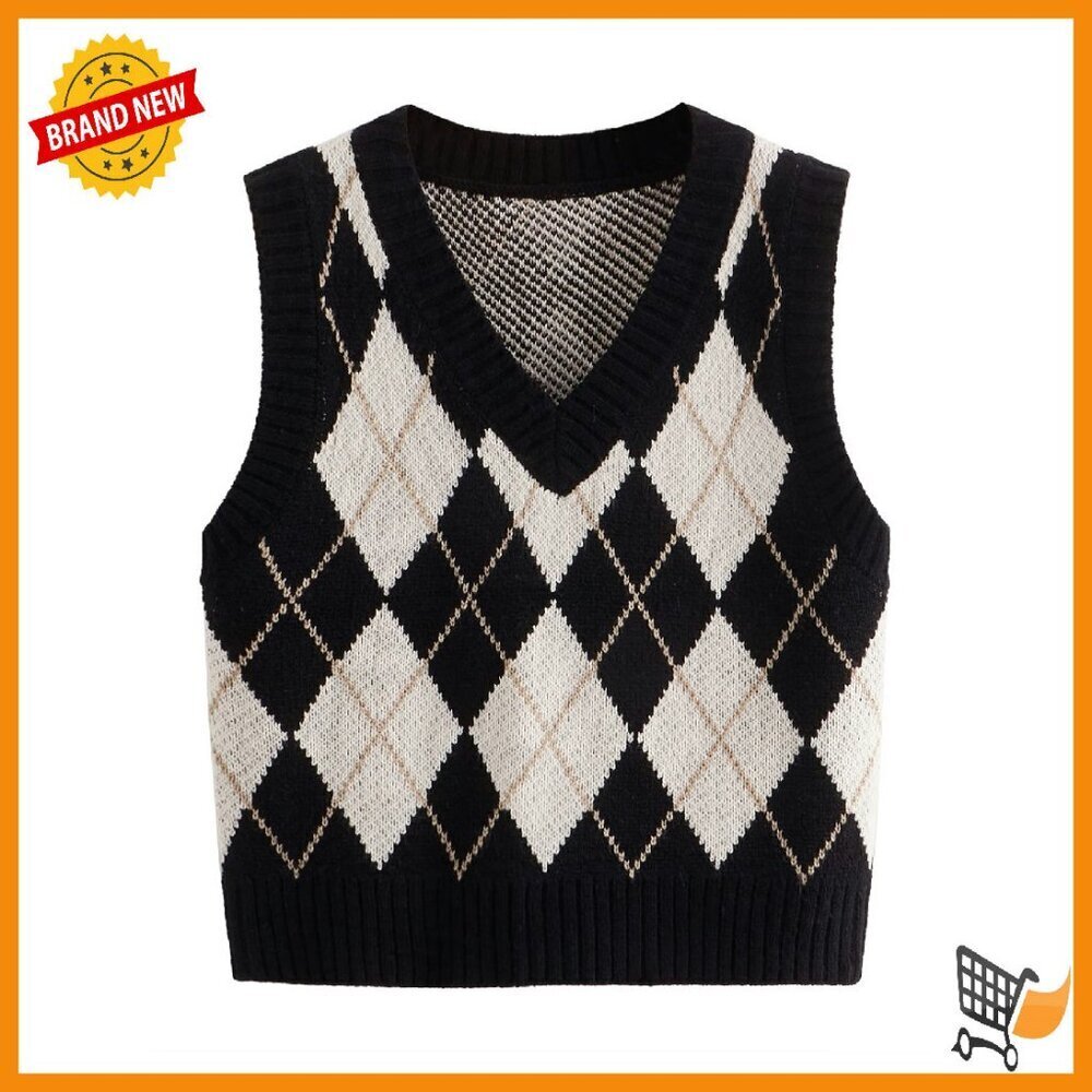 Sleeveless V-Neck Crop Top Sweater Vest, 100% Acrylic, Plaid Geo Pattern